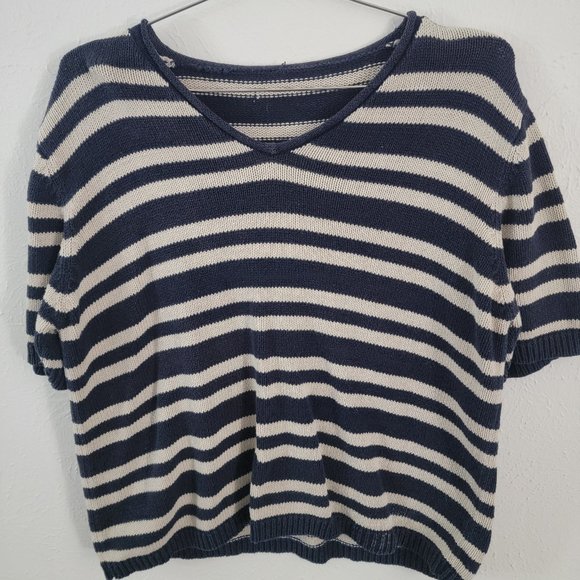 Striped Navy Cream Knit Sweater Short Sleeve Shirt - Picture 1 of 3